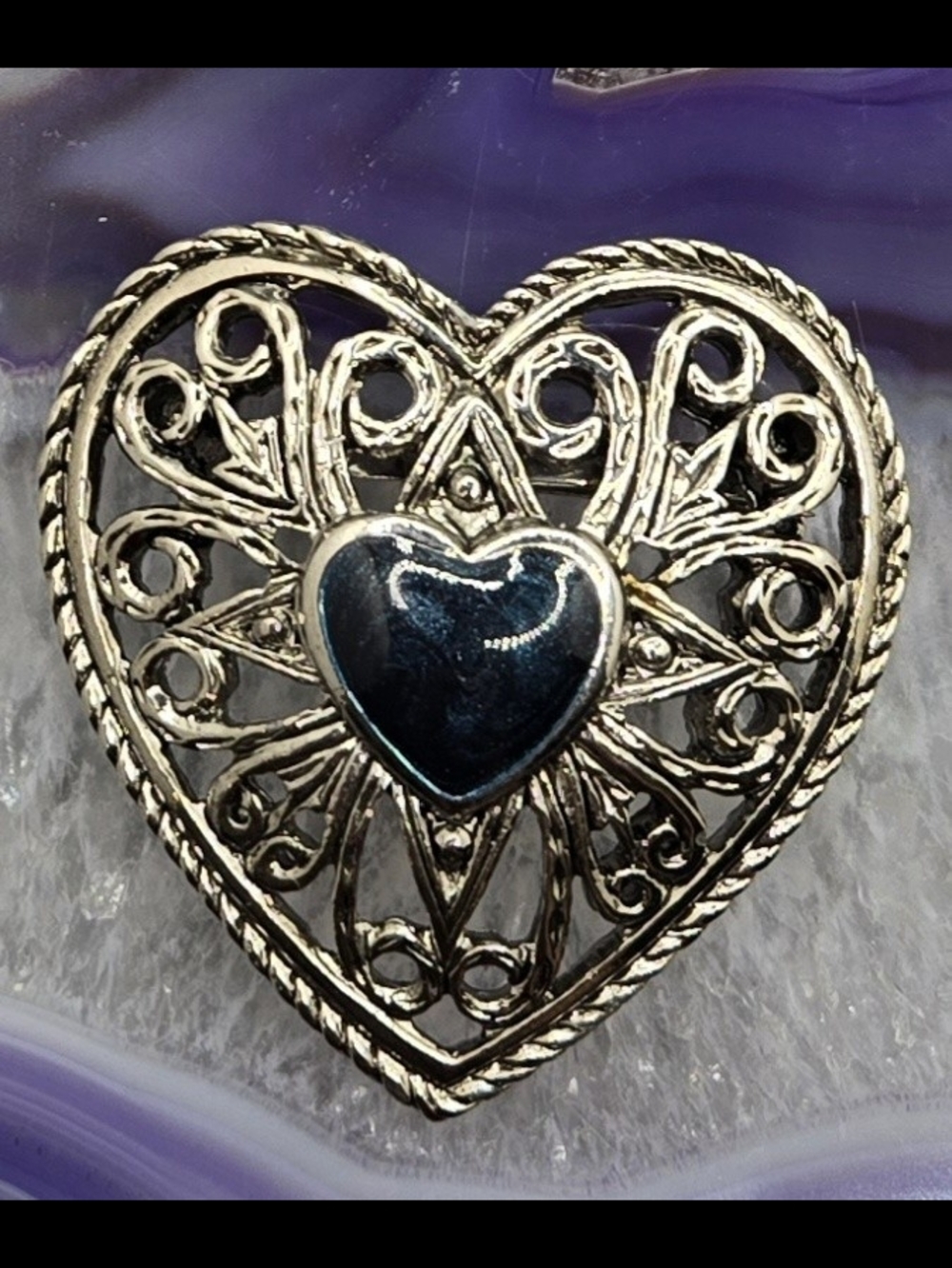 Filigree Heart Brooch Silver Tone w/ Dark Teal Swirl Enamel Center 1½" Diameter